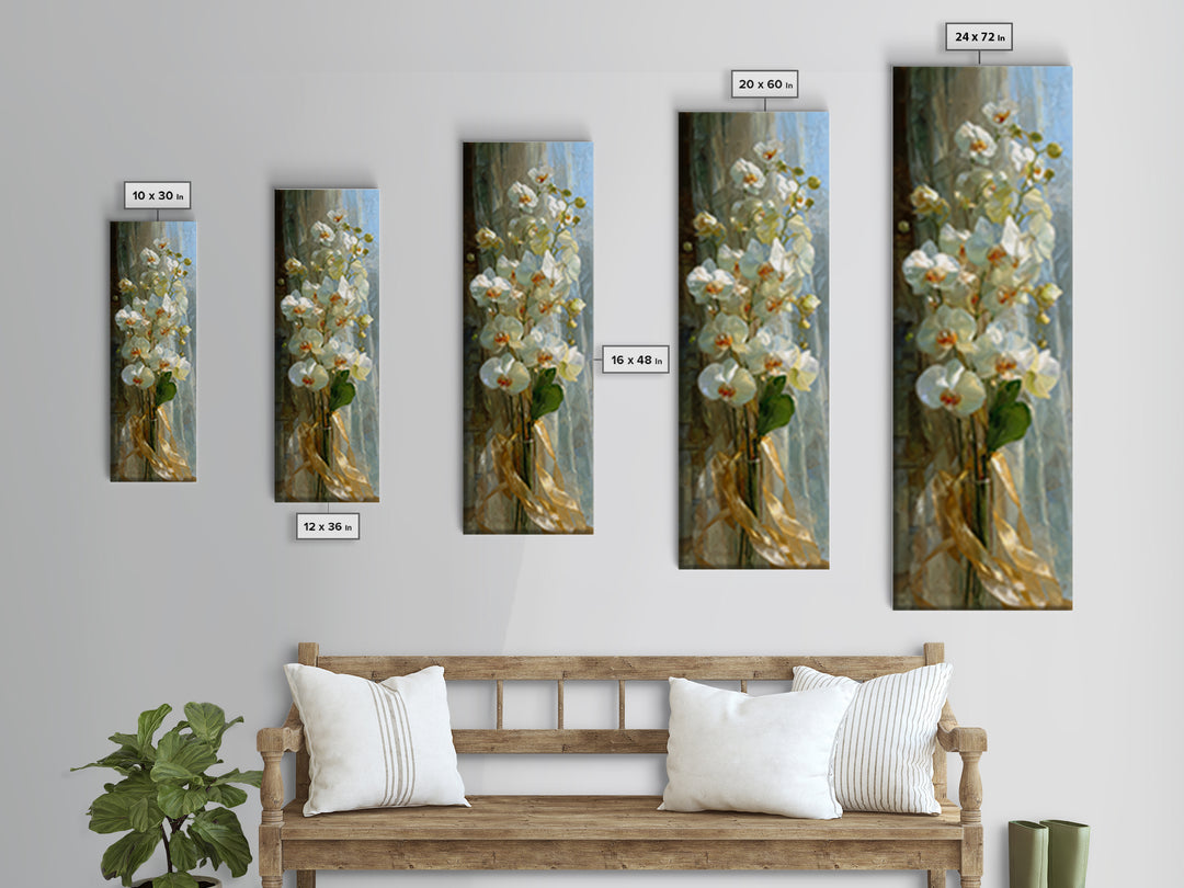 White Orchid and Gold Ribbon Composition Framed Canvas Print, Wedding Art, Art, Living Room Decor, Fine Art, Romance, WED-1x3-84