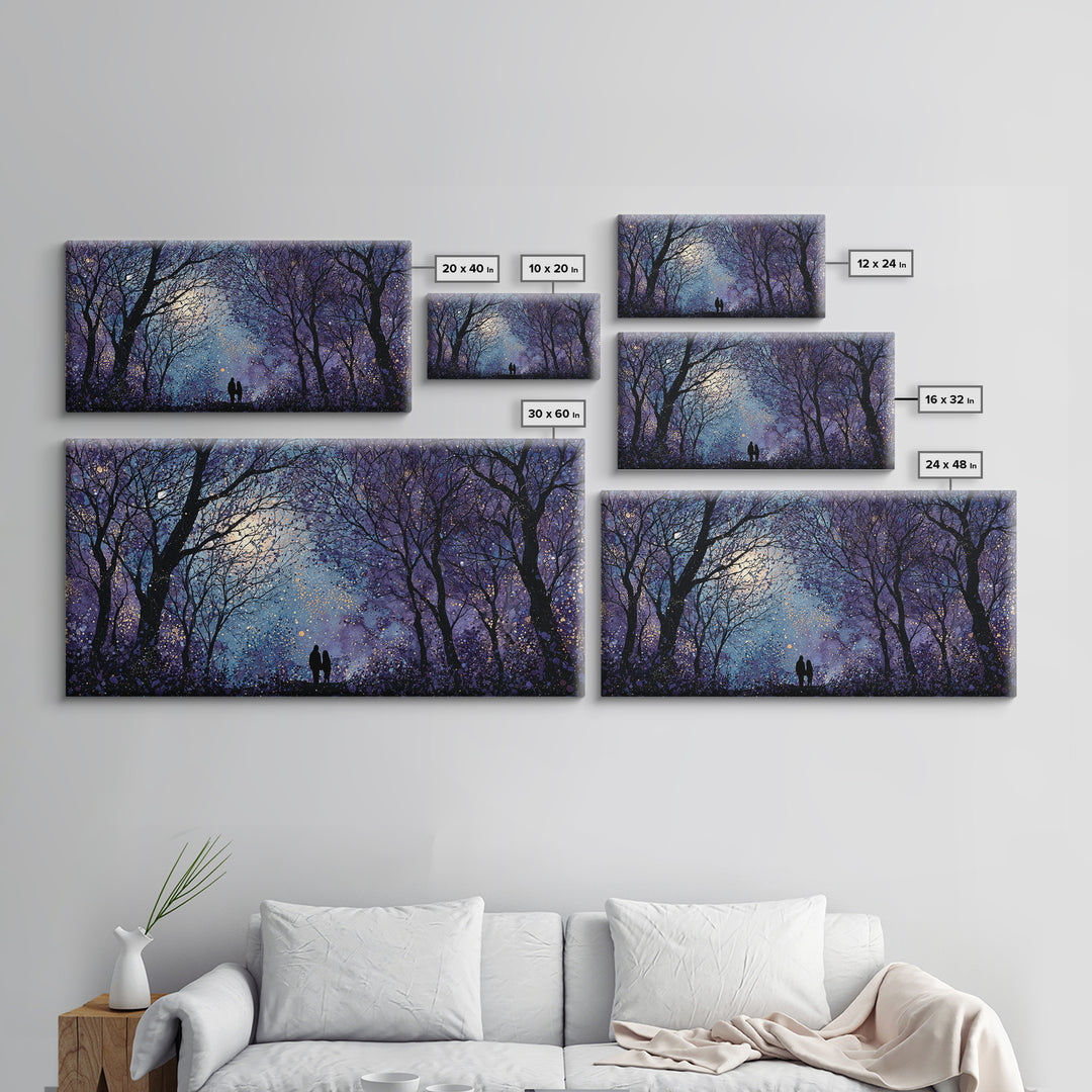 Couple Silhouette Beneath Moonlit Trees Framed Canvas Print, Wedding Art, Luxury Decor, Living Room Decor, Fine Art, Romance, WED-2x1-1
