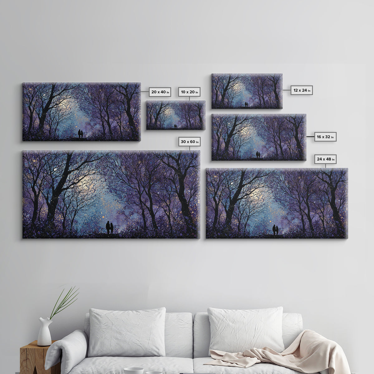 Couple Silhouette Beneath Moonlit Trees Framed Canvas Print, Wedding Art, Luxury Decor, Living Room Decor, Fine Art, Romance, WED-2x1-1