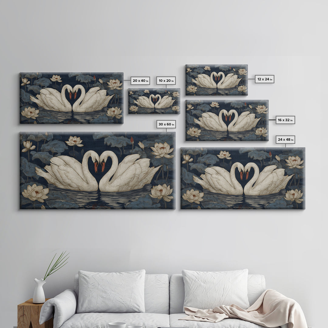 Two Swans Forming a Heart on Dark Framed Canvas Print, Wedding Art, Boho Decor, Living Room Decor, Fine Art, Romance, WED-2x1-46