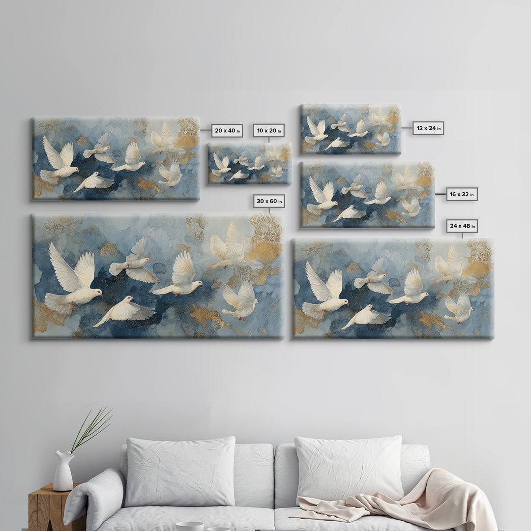 Doves Flying Through Soft Golden Light Framed Canvas Print, Wedding Art, Custom Painting, Living Room Decor, Fine Art, Romance, WED-2x1-55