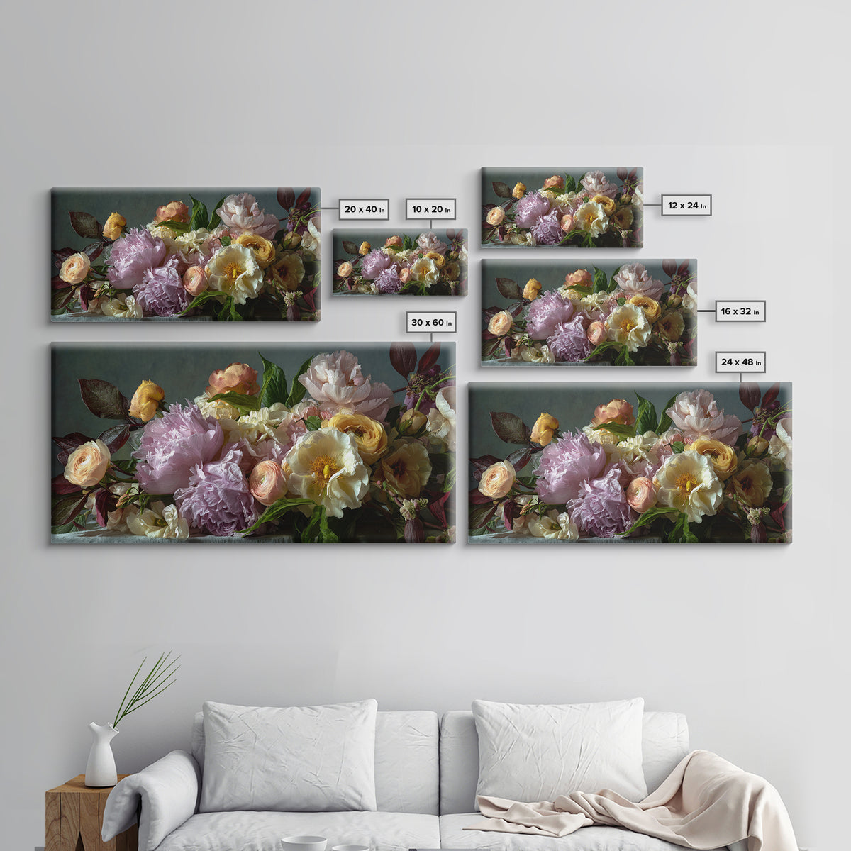 Peony and Ranunculus Bouquet Canvas Print, Wedding Art, Wedding Guest Book, Living Room Decor, Romance, Rustic Wedding, WED-2x1-64