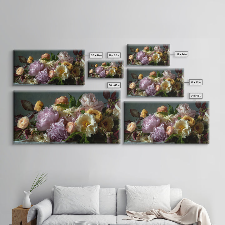 Peony and Ranunculus Bouquet Canvas Print, Wedding Art, Wedding Guest Book, Living Room Decor, Romance, Rustic Wedding, WED-2x1-64