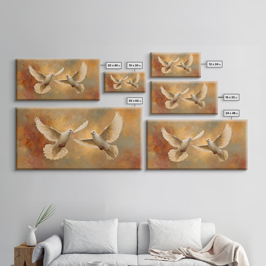 Doves Flying Through Soft Golden Light Framed Canvas Print, Wedding Art, Contemporary Art, Living Room Decor, Fine Art, Romance, WED-2x1-7