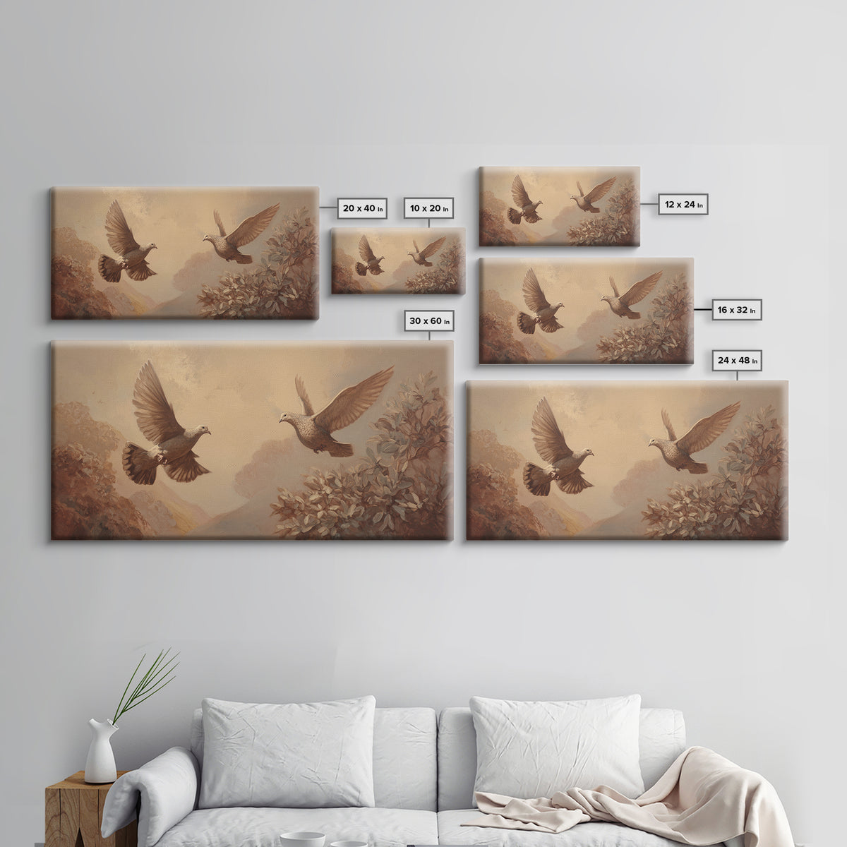 Doves Flying Through Soft Golden Light Framed Canvas Print, Wedding Art, Beach Wedding, Living Room Decor, Fine Art, Romance, WED-2x1-79