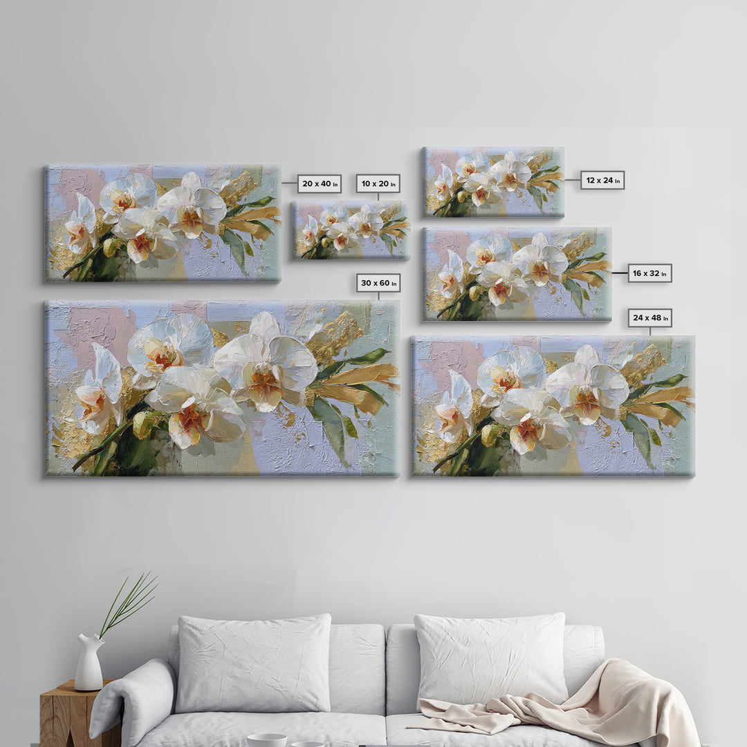White Orchid and Gold Ribbon Composition Framed Canvas Print, Wedding Art, Custom Wedding Gift, Living Room Decor, Oil Painting, WED-2x1-92