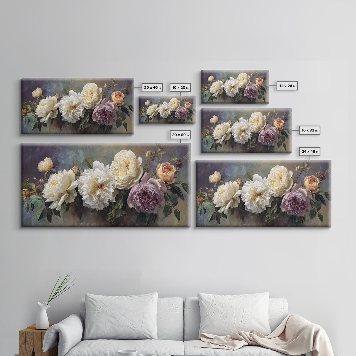Romantic Bouquet of White Roses and Peonies Canvas Print, Wedding Art, Art Print, Living Room Decor, Fine Art, Romance, WED-2x1-93