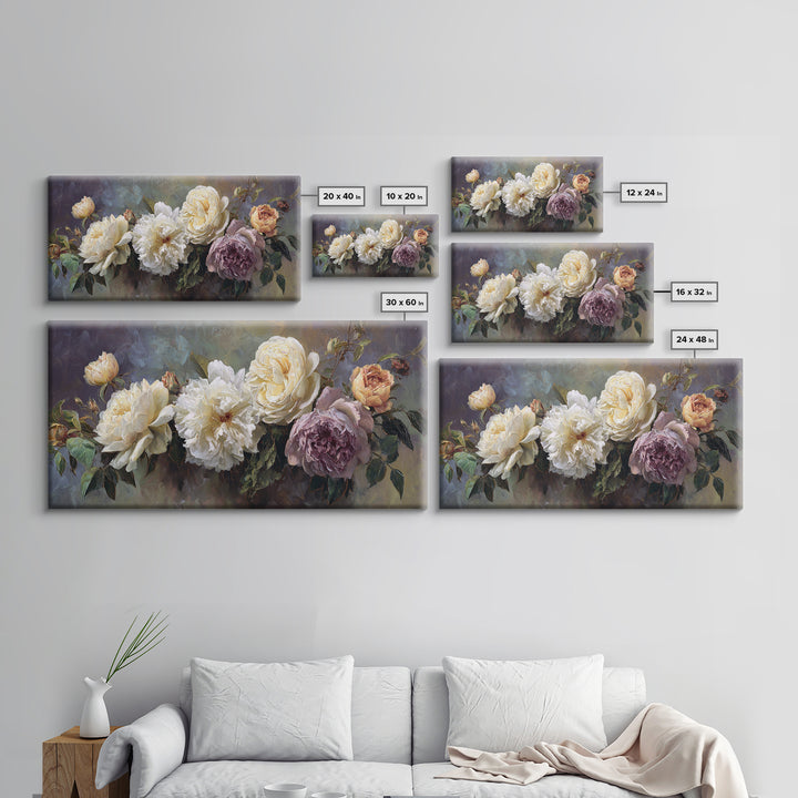 Romantic Bouquet of White Roses and Peonies Canvas Print, Wedding Art, Art Print, Living Room Decor, Fine Art, Romance, WED-2x1-93