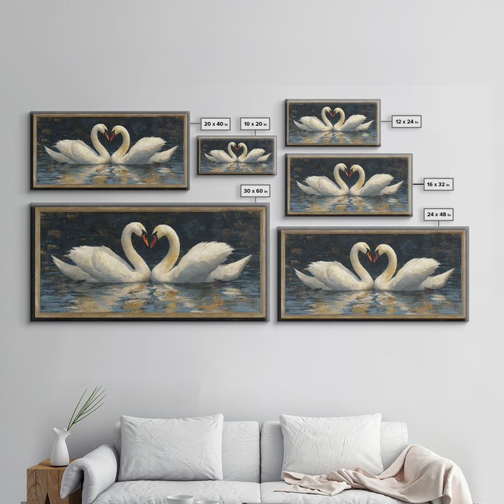 Two Swans Forming a Heart on Dark Canvas Print, Wedding Art, Minimalist Decor, Living Room Decor, Romance, Custom Painting, WED-2x1-94