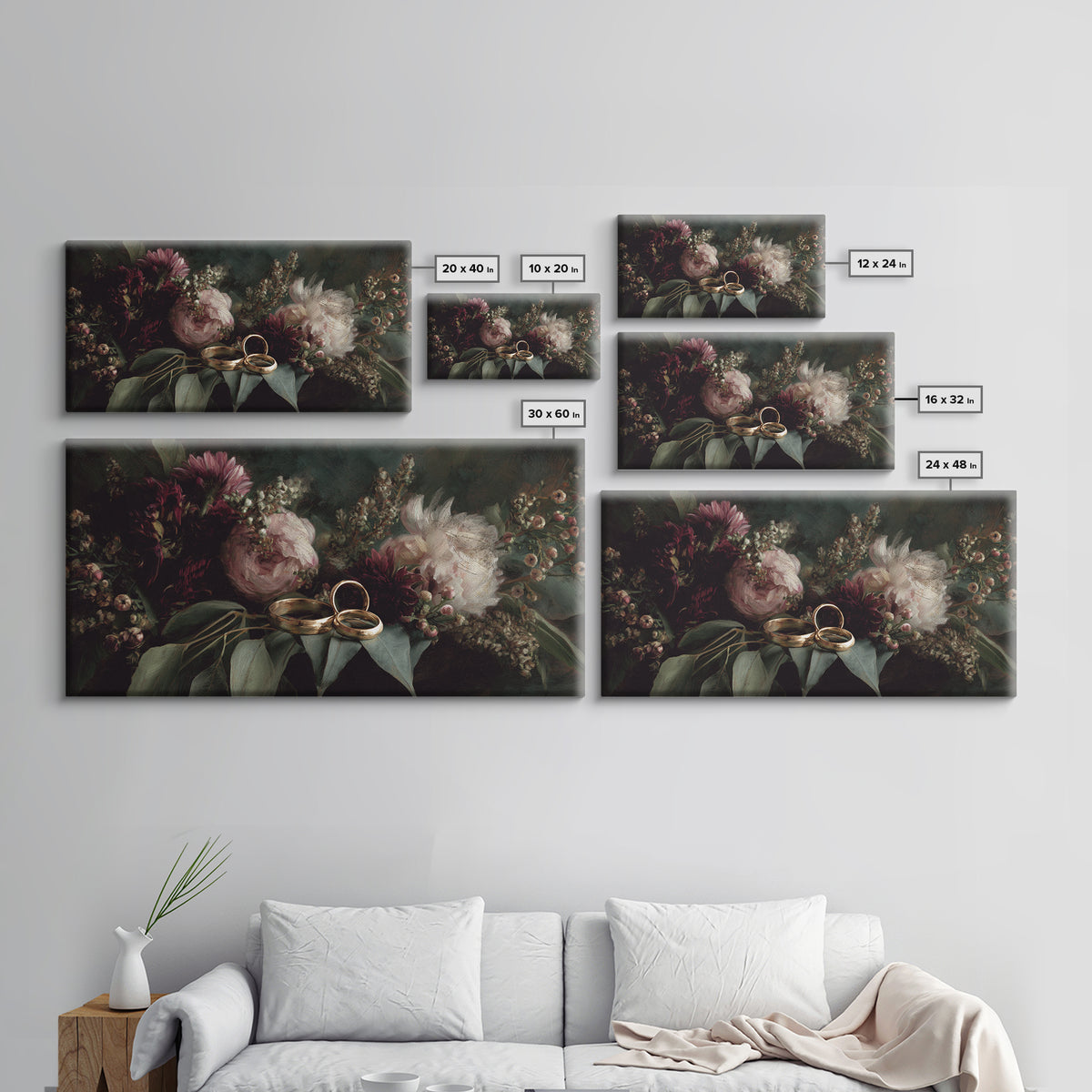 Gold Rings Resting on Velvet and Flowers Framed Canvas Print, Wedding Art, Personalized Art, Living Room Decor, Oil Painting, WED-2x1-95