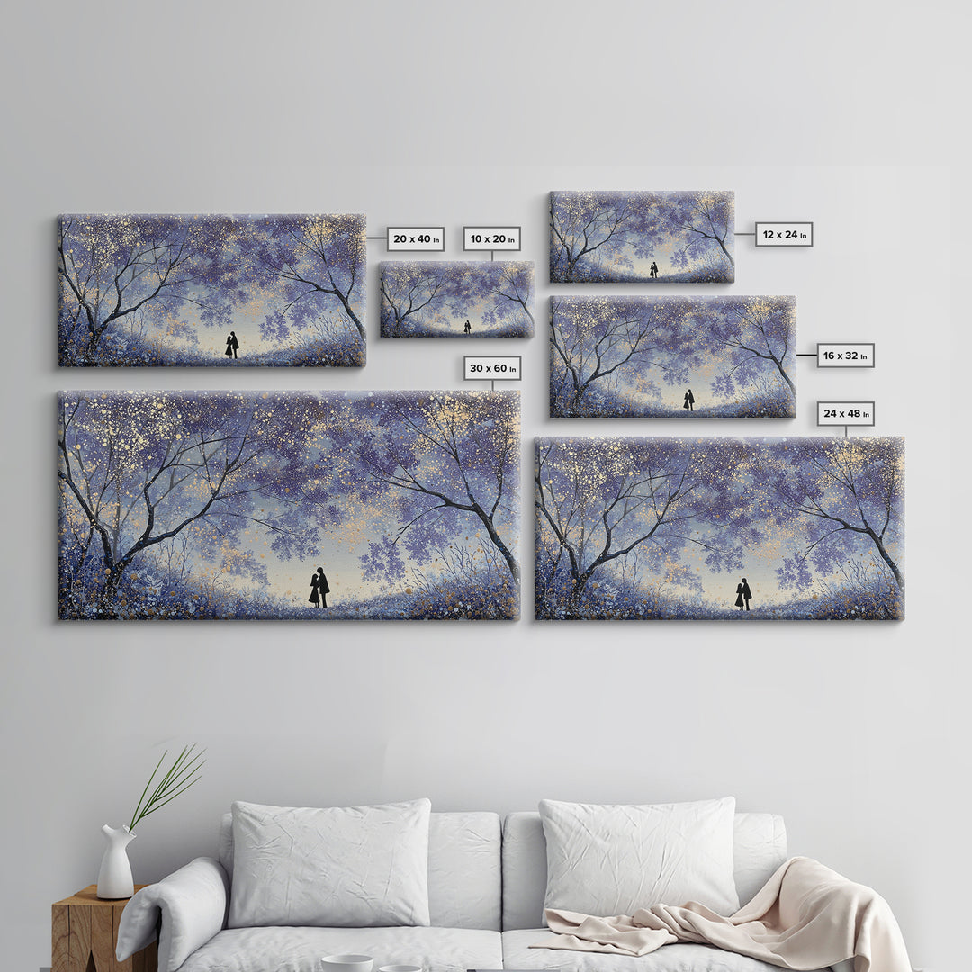 Couple Silhouette Beneath Moonlit Trees Framed Canvas Print, Wedding Art, Wedding Guest Book, Living Room Decor, Romance, WED-2x1-97