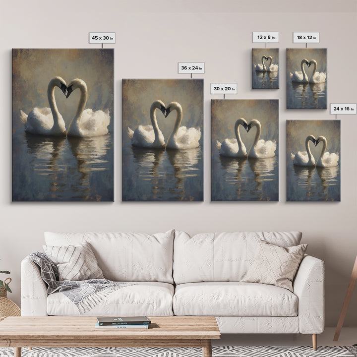 Two Swans Forming a Heart on Dark Canvas Print, Wedding Art, Wall Decor, Living Room Decor, Fine Art, Romance, Wedding Gift, WED-2x3-10