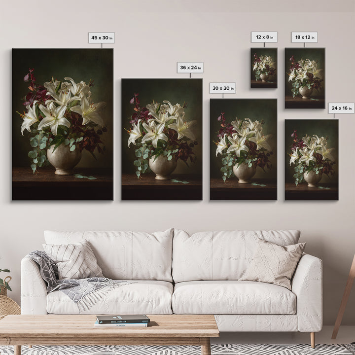 White Lilies and Eucalyptus Arrangement Framed Canvas Print, Wedding Art, Living Room Decor, Abstract Art, Romance, WED-2x3-17