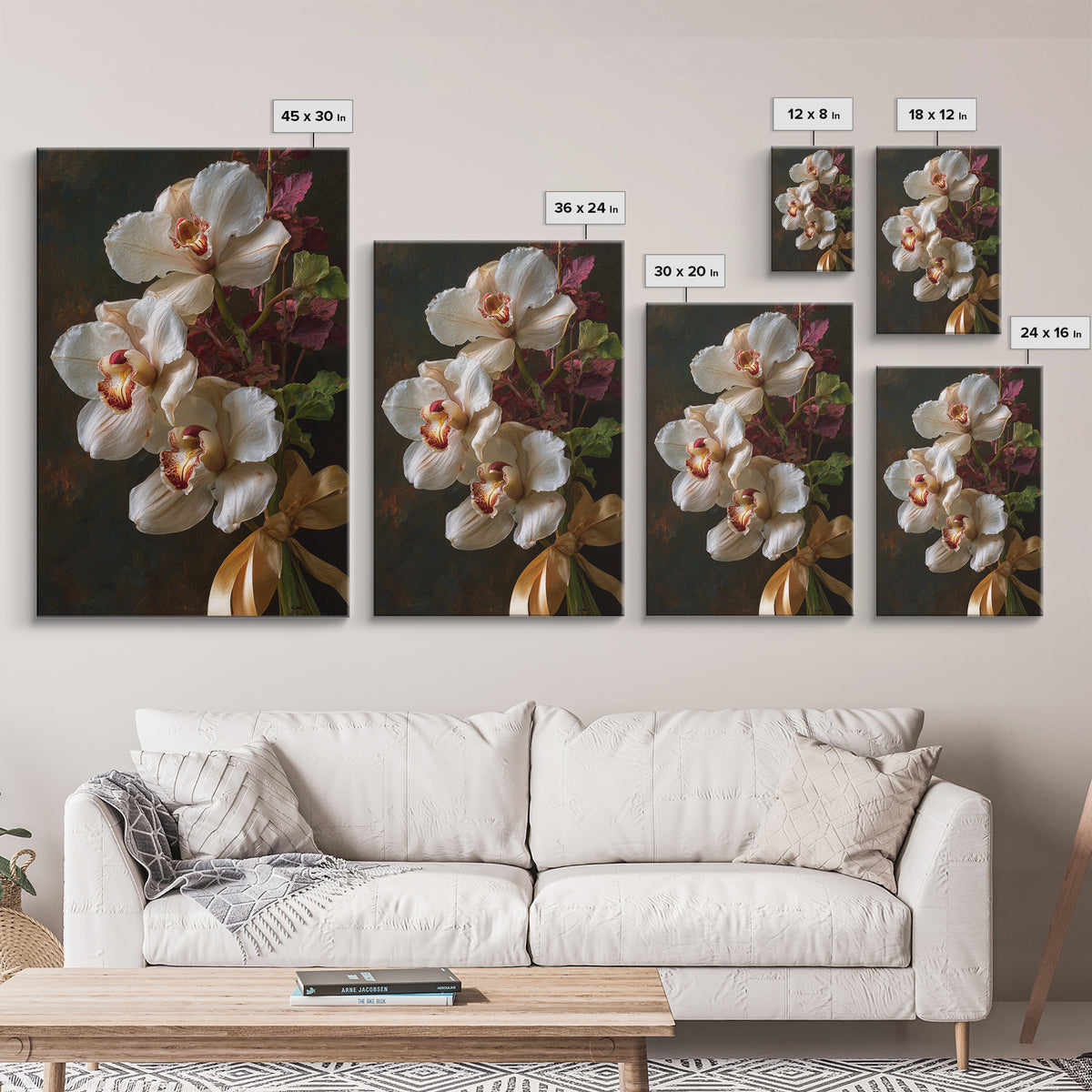 White Orchid and Gold Ribbon Composition Canvas Print, Wedding Art, Downloadable Art, Living Room Decor, Fine Art, Romance, WED-2x3-32