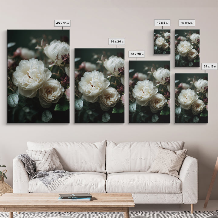 Romantic Bouquet of White Roses and Peonies Framed Canvas Print, Wedding Art, Art, Living Room Decor, Watercolor Art, Romance, WED-2x3-33