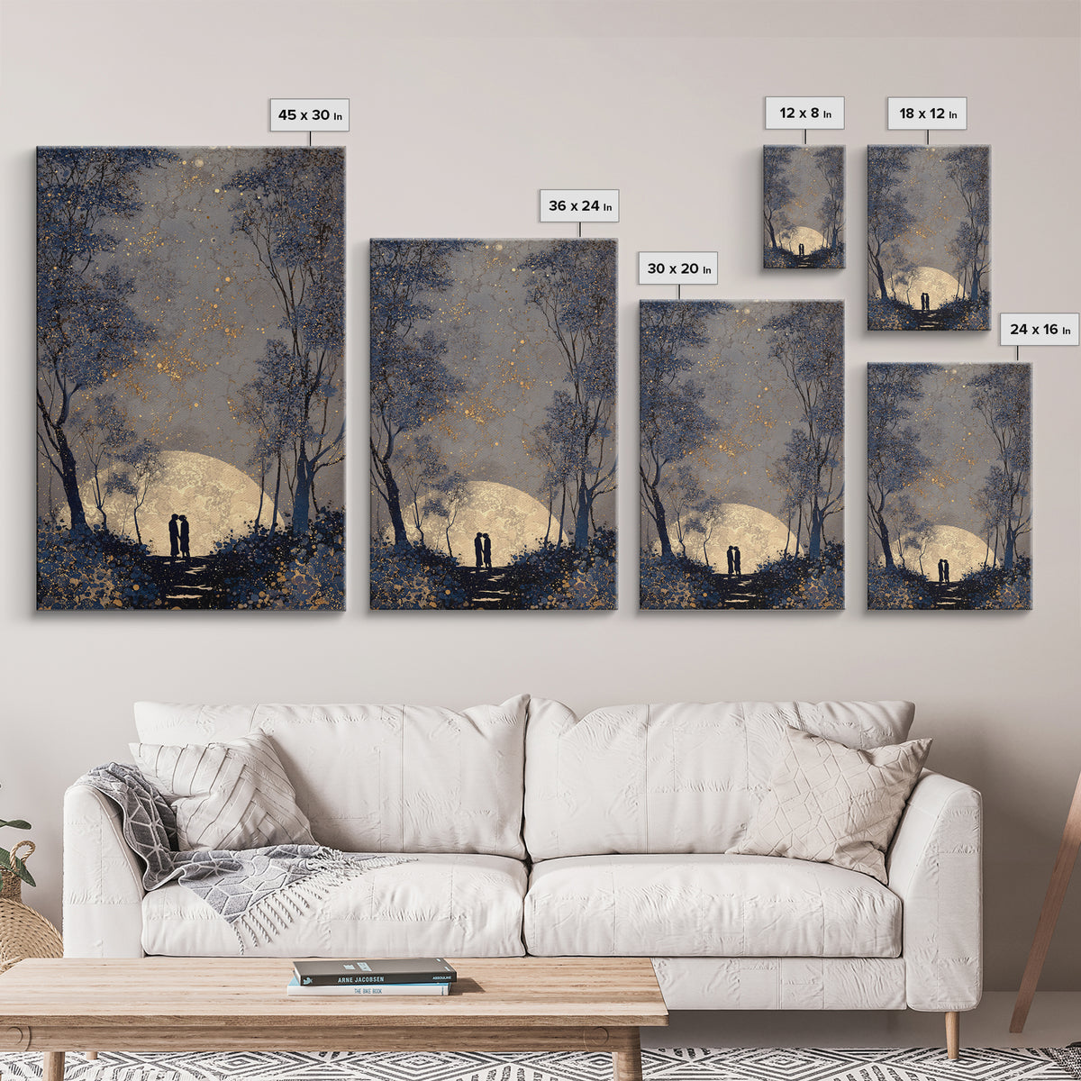 Couple Silhouette Beneath Moonlit Trees Framed Canvas Print, Wedding Art, Room Decor, Living Room Decor, Fine Art, Romance, WED-2x3-37