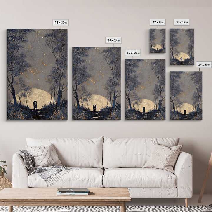 Couple Silhouette Beneath Moonlit Trees Framed Canvas Print, Wedding Art, Room Decor, Living Room Decor, Fine Art, Romance, WED-2x3-37