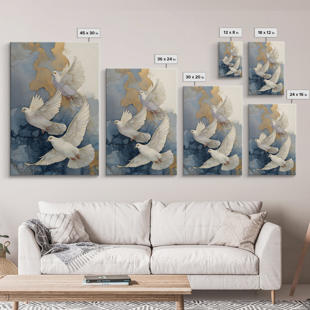Doves Flying Through Soft Golden Light Framed Canvas Print, Wedding Art, Wall Decor, Living Room Decor, Fine Art, Romance, WED-2x3-43
