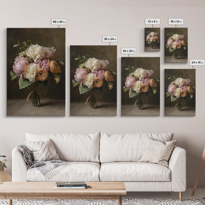 Peony and Ranunculus Bouquet Framed Canvas Print, Wedding Art, Personalized Wedding, Living Room Decor, Fine Art, Romance, WED-2x3-52