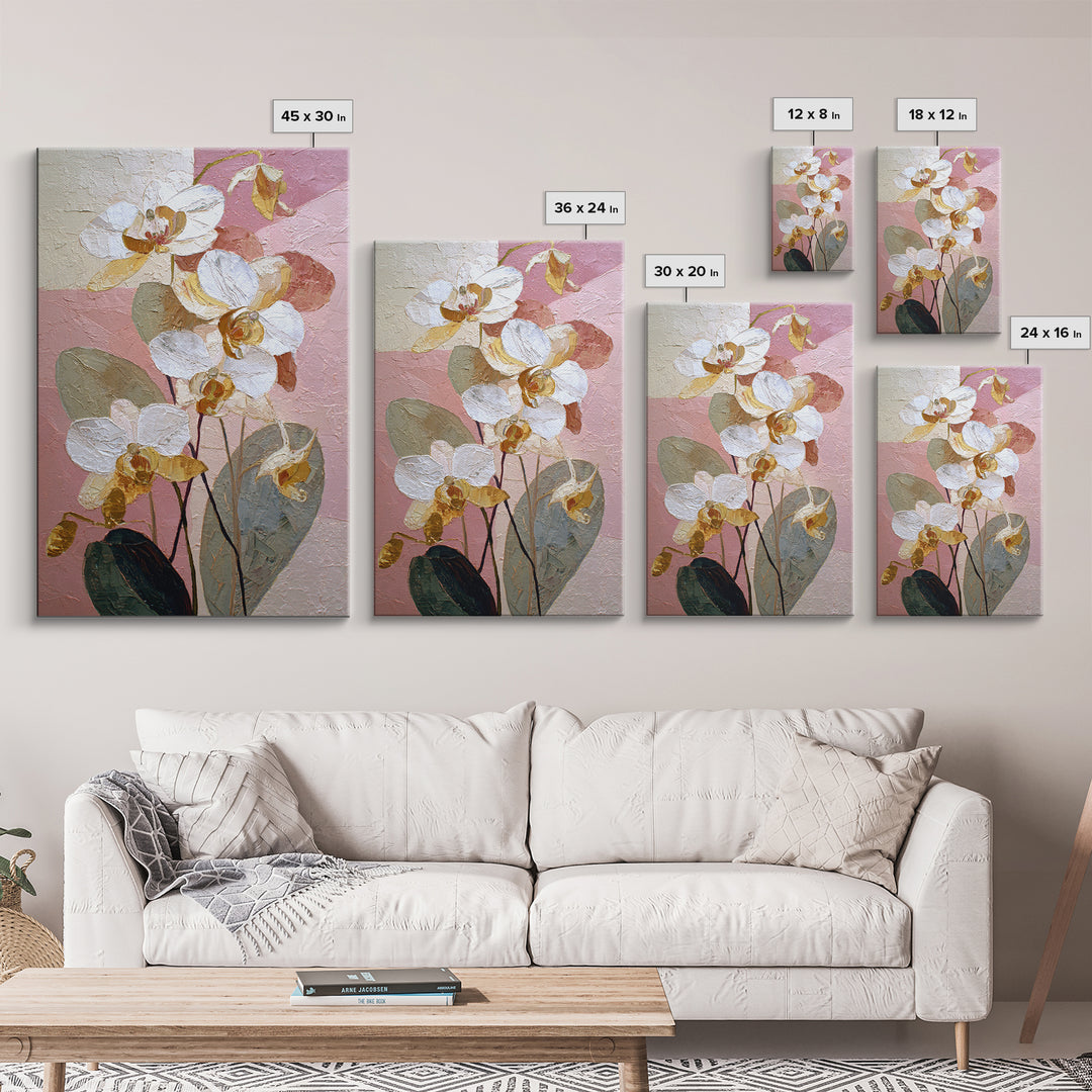 White Orchid and Gold Ribbon Composition Framed Canvas Print, Wedding Art, Wedding Reception, Living Room Decor, Abstract Art, WED-2x3-56