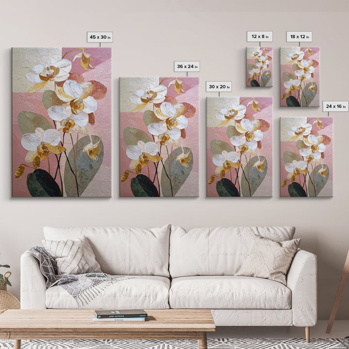 White Orchid and Gold Ribbon Composition Framed Canvas Print, Wedding Art, Wedding Reception, Living Room Decor, Abstract Art, WED-2x3-56