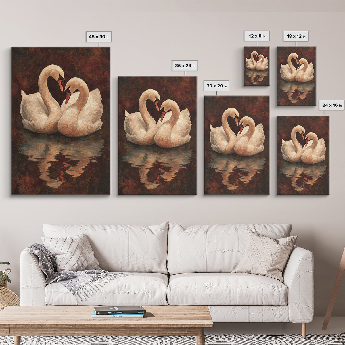 Two Swans Forming a Heart on Dark Canvas Print, Wedding Art, Contemporary Art, Living Room Decor, Fine Art, Romance, Custom Art, WED-2x3-58