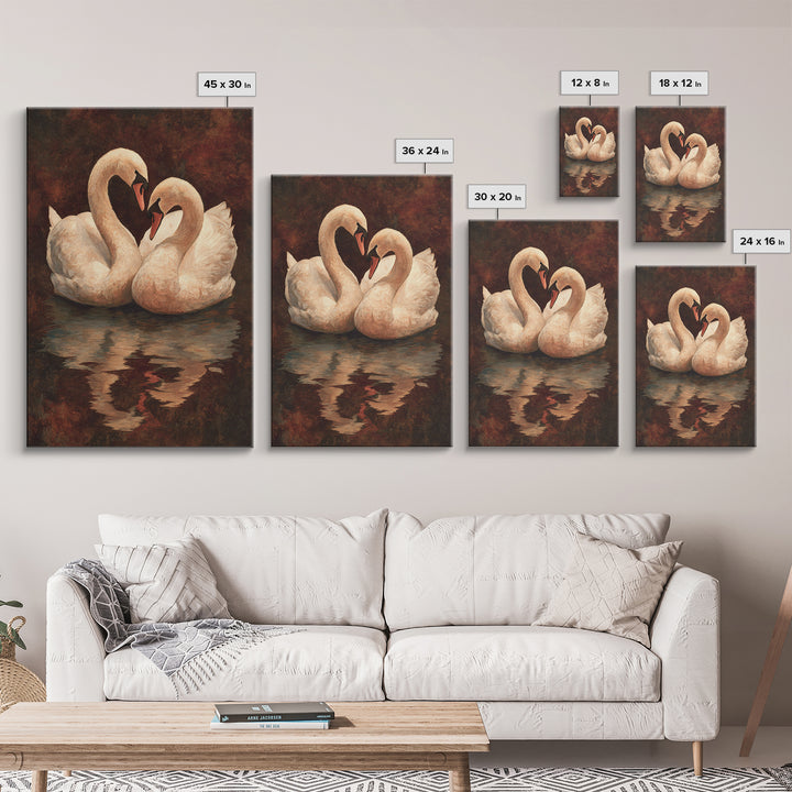 Two Swans Forming a Heart on Dark Canvas Print, Wedding Art, Contemporary Art, Living Room Decor, Fine Art, Romance, Custom Art, WED-2x3-58