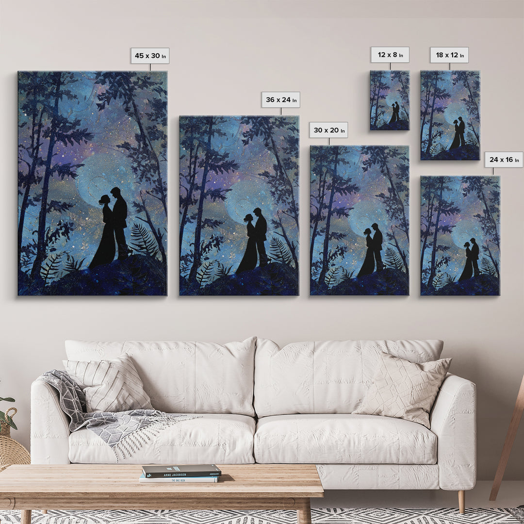 Couple Silhouette Beneath Moonlit Trees Canvas Print, Wedding Art, Wedding, Living Room Decor, Romance, Wedding Guestbook, WED-2x3-61