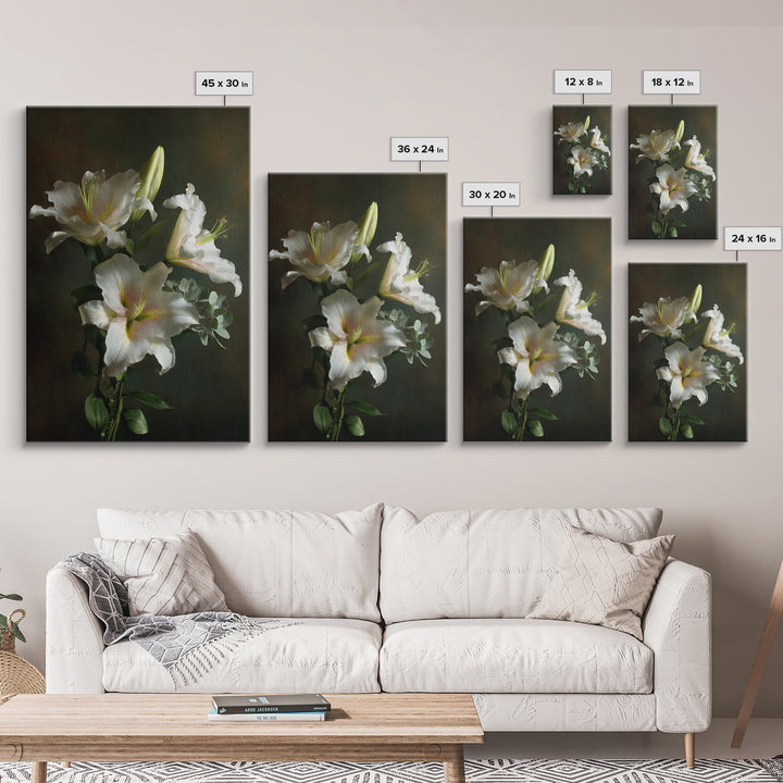 White Lilies and Eucalyptus Arrangement Canvas Print, Wedding Art, Wedding Gift, Living Room Decor, Fine Art, Romance, WED-2x3-65