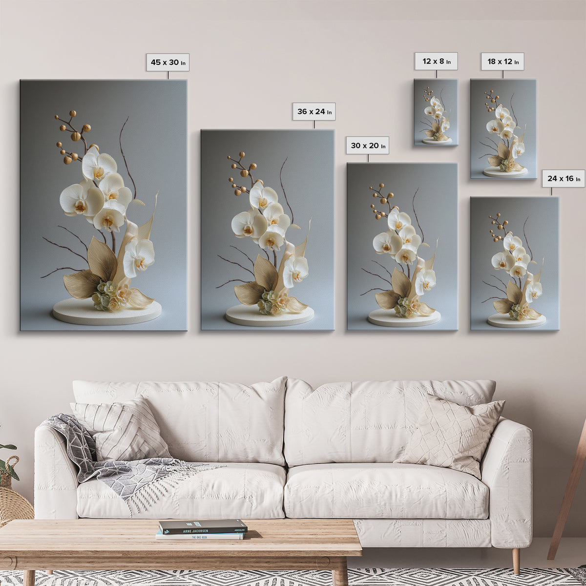 White Orchid and Gold Ribbon Composition Framed Canvas Print, Wedding Art, Custom Art, Living Room Decor, Oil Painting, Romance, WED-2x3-8