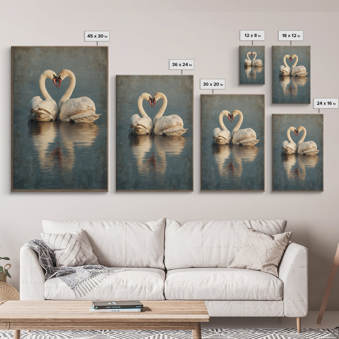 Two Swans Forming a Heart on Dark Canvas Print, Wedding Art, Contemporary Art, Living Room Decor, Fine Art, Romance, Custom Art, WED-2x3-82