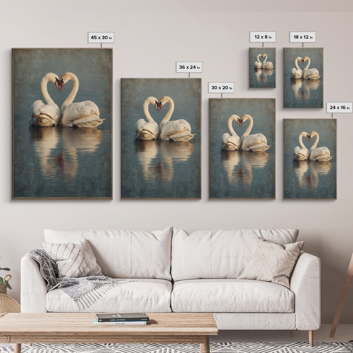 Two Swans Forming a Heart on Dark Canvas Print, Wedding Art, Contemporary Art, Living Room Decor, Fine Art, Romance, Custom Art, WED-2x3-82