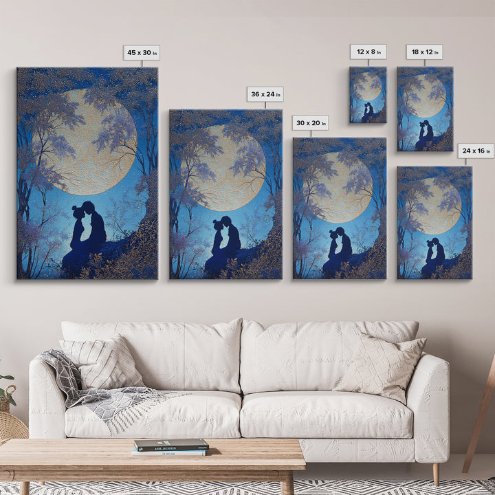 Couple Silhouette Beneath Moonlit Trees Framed Canvas Print, Wedding Art, Wedding Sign, Living Room Decor, Fine Art, Romance, WED-2x3-85