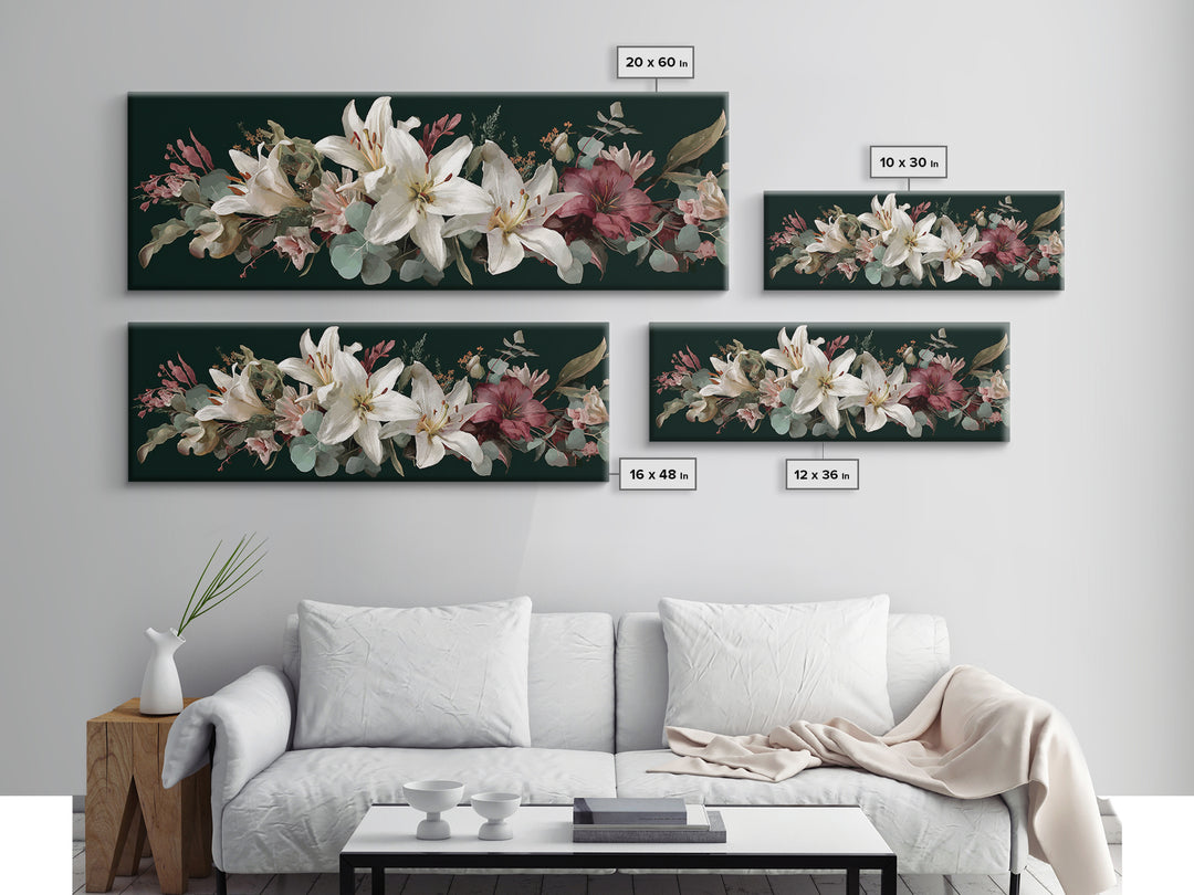 White Lilies and Eucalyptus Arrangement Framed Canvas Print, Wedding Art, Wedding Sign, Living Room Decor, Fine Art, Romance, WED-3x1-1