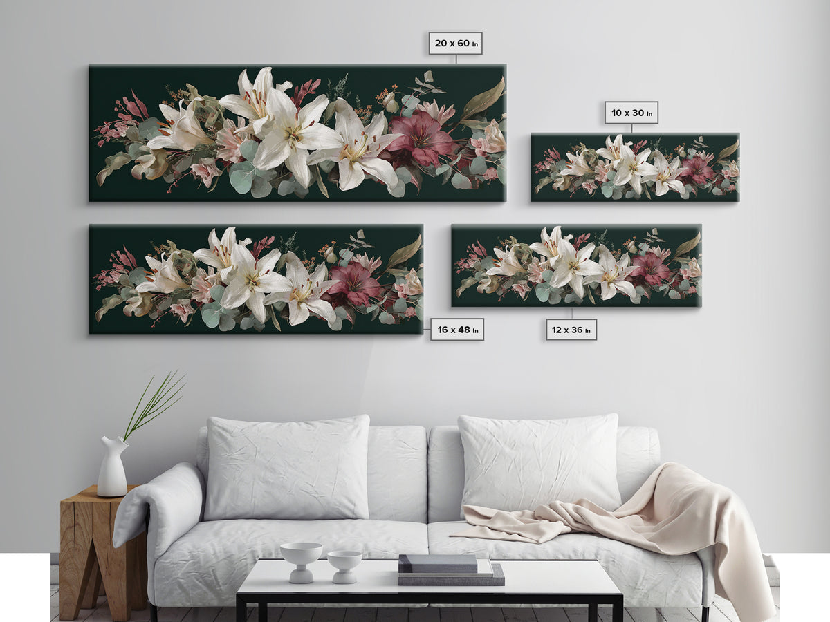 White Lilies and Eucalyptus Arrangement Framed Canvas Print, Wedding Art, Wedding Sign, Living Room Decor, Fine Art, Romance, WED-3x1-1