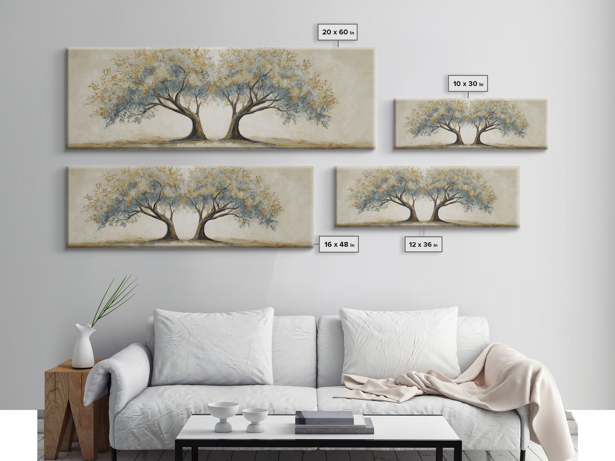 Two Intertwined Trees as Symbolic Artwork Framed Canvas Print, Wedding Art, Custom Wedding, Living Room Decor, Romance, WED-3x1-15