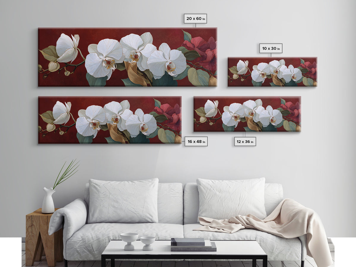 White Orchid and Gold Ribbon Composition Canvas Print, Wedding Art, Rustic Wedding, Living Room Decor, Fine Art, Romance, WED-3x1-16