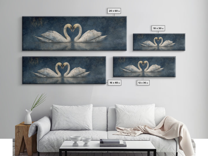Two Swans Forming a Heart on Dark Framed Canvas Print, Wedding Art, Custom Portrait, Living Room Decor, Fine Art, Romance, WED-3x1-18