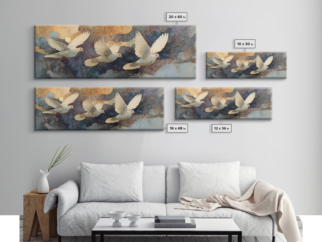 Doves Flying Through Soft Golden Light Framed Canvas Print, Wedding Art, Neutral Decor, Living Room Decor, Fine Art, Romance, WED-3x1-27