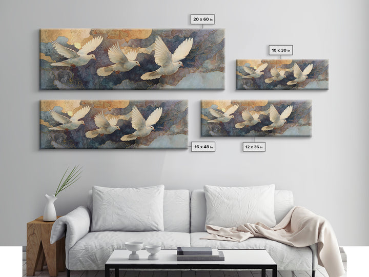 Doves Flying Through Soft Golden Light Framed Canvas Print, Wedding Art, Neutral Decor, Living Room Decor, Fine Art, Romance, WED-3x1-27