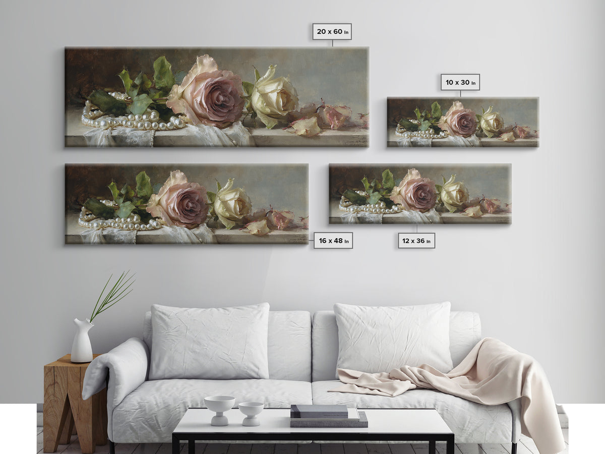 Pearl Necklace and Rose Still Life Framed Canvas Print, Wedding Art, Wedding Painting, Living Room Decor, Oil Painting, Romance, WED-3x1-28