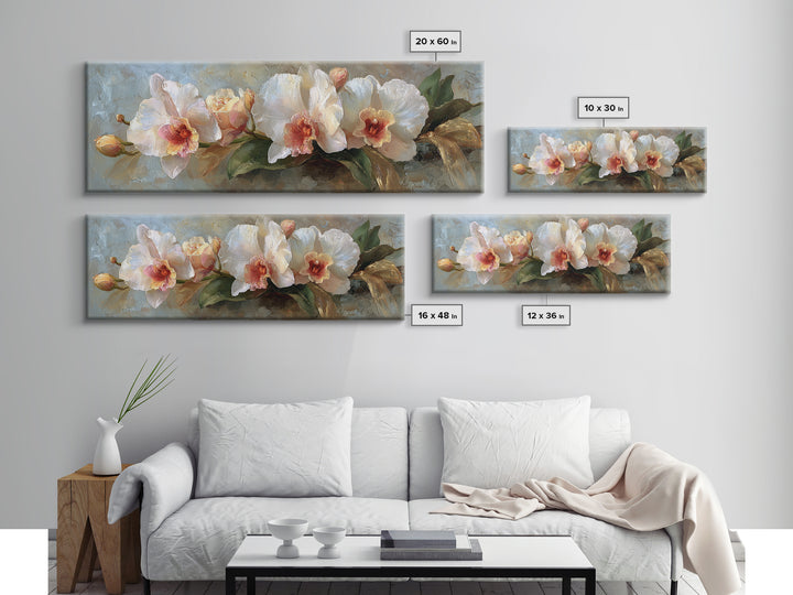 White Orchid and Gold Ribbon Composition Canvas Print, Wedding Art, Wedding Stationery, Living Room Decor, Fine Art, Romance, WED-3x1-40