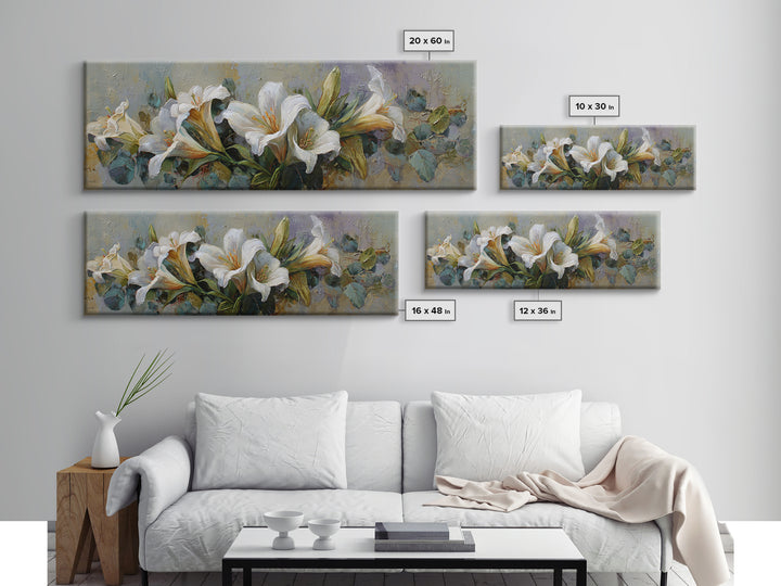 White Lilies and Eucalyptus Arrangement Canvas Print, Wedding Art, Custom Wedding Gift, Living Room Decor, Abstract Art, WED-3x1-49