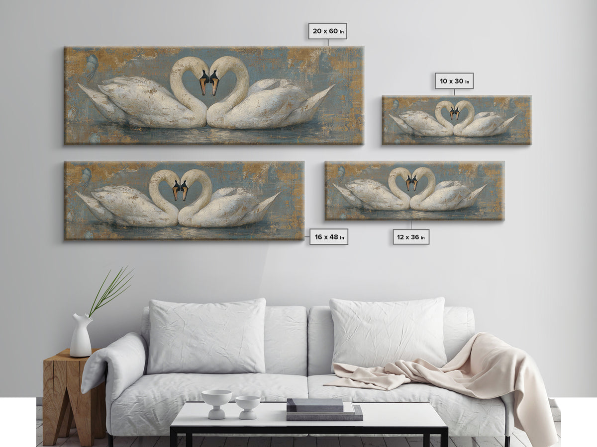 Two Swans Forming a Heart on Dark Canvas Print, Wedding Art, Printable Art, Living Room Decor, Fine Art, Romance, Beach Wedding, WED-3x1-66