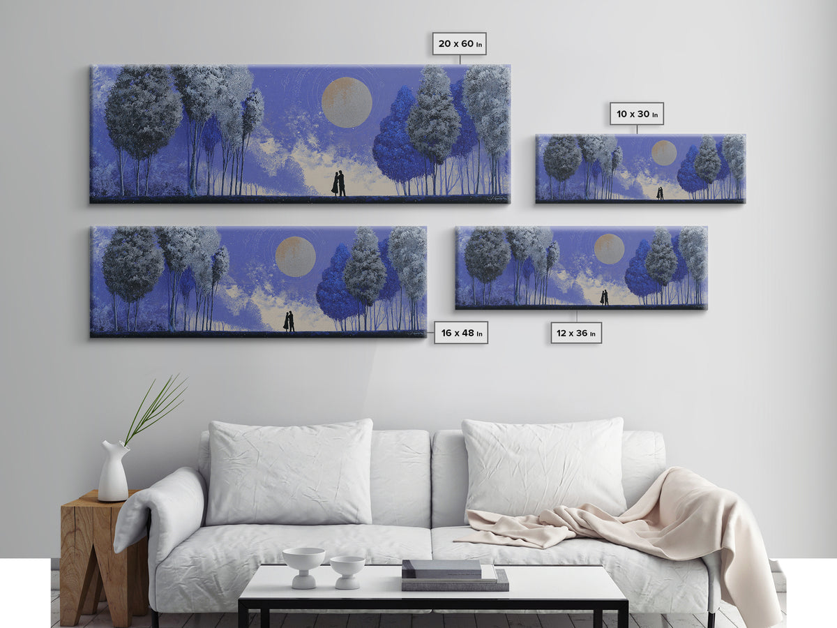 Couple Silhouette Beneath Moonlit Trees Framed Canvas Print, Wedding Art, Downloadable Art, Living Room Decor, Romance, WED-3x1-69