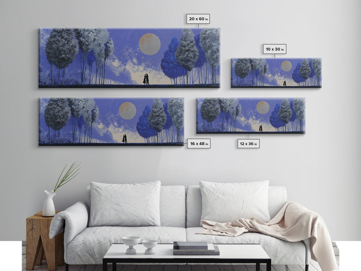 Couple Silhouette Beneath Moonlit Trees Framed Canvas Print, Wedding Art, Downloadable Art, Living Room Decor, Romance, WED-3x1-69