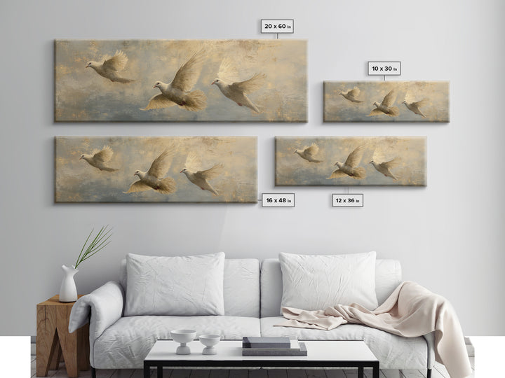 Doves Flying Through Soft Golden Light Canvas Print, Wedding Art, Wedding Guest Book, Living Room Decor, Fine Art, Romance, WED-3x1-75