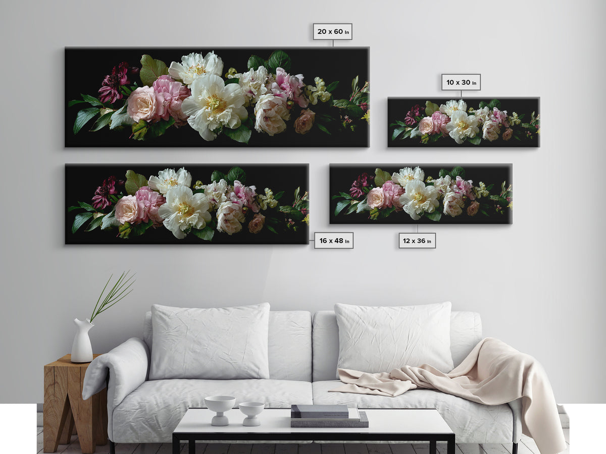 Romantic Bouquet of White Roses and Peonies Framed Canvas Print, Wedding Art, Beach Wedding, Living Room Decor, Oil Painting, WED-3x1-89