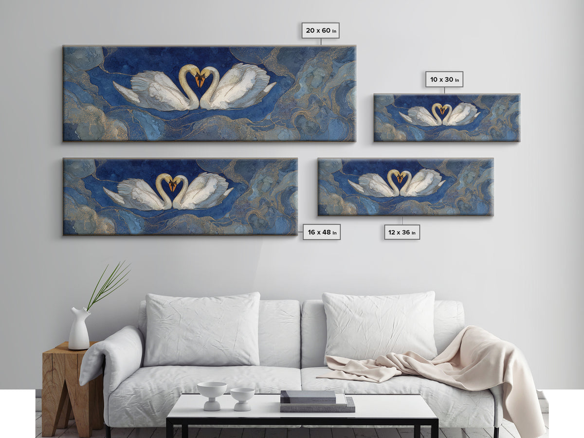 Two Swans Forming a Heart on Dark Framed Canvas Print, Wedding Art, Jewish Art, Living Room Decor, Fine Art, Romance, WED-3x1-90