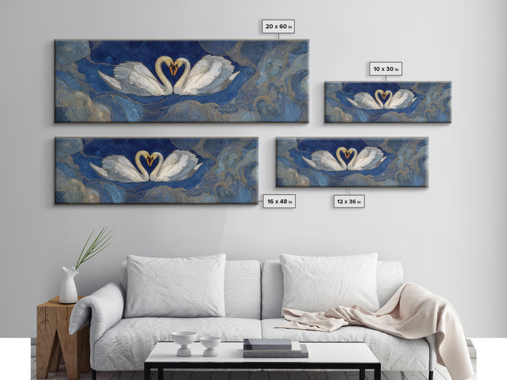 Two Swans Forming a Heart on Dark Framed Canvas Print, Wedding Art, Jewish Art, Living Room Decor, Fine Art, Romance, WED-3x1-90